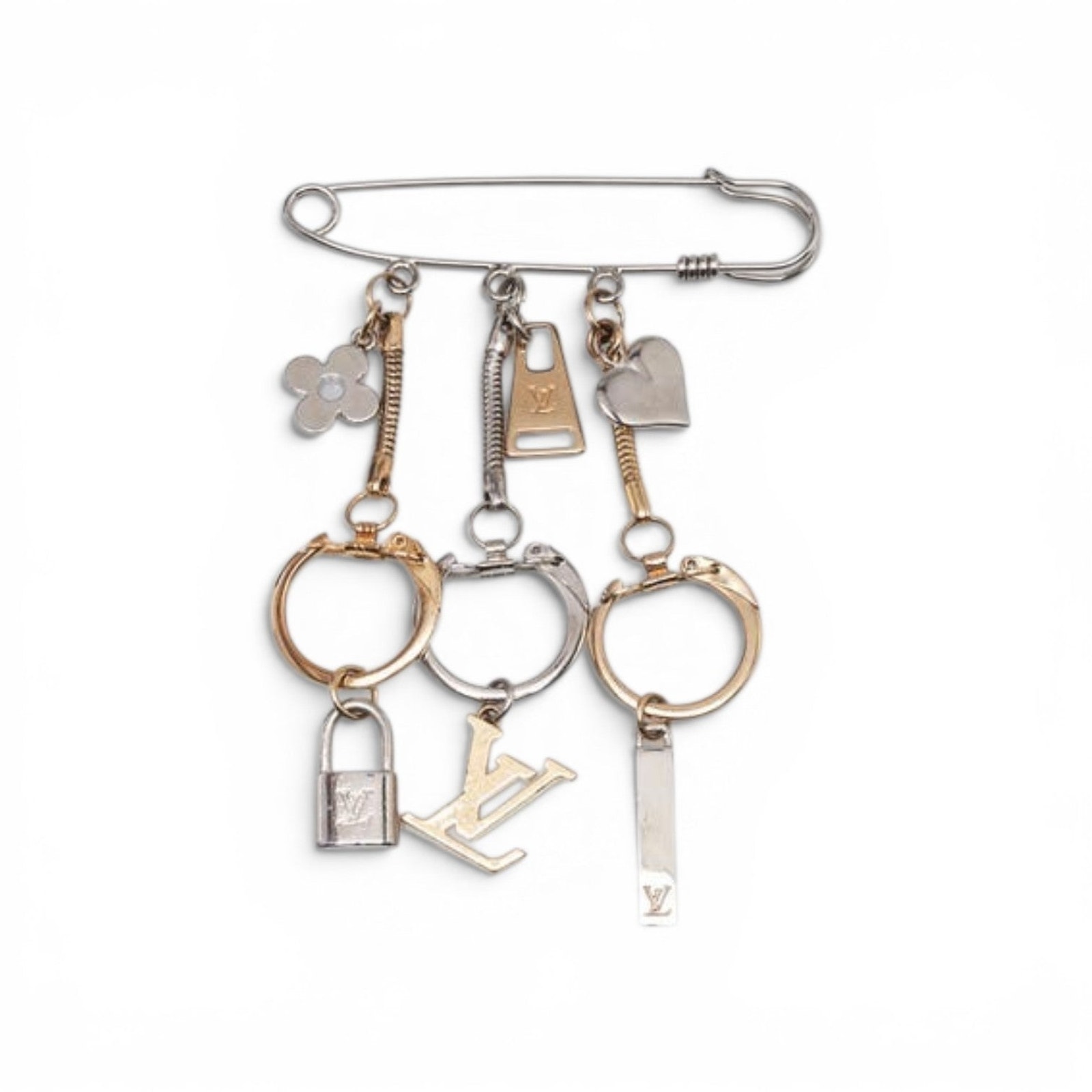 Louis Vuitton Goldtone And Silvertone Safety Pin Lv Lock Heart Brooch